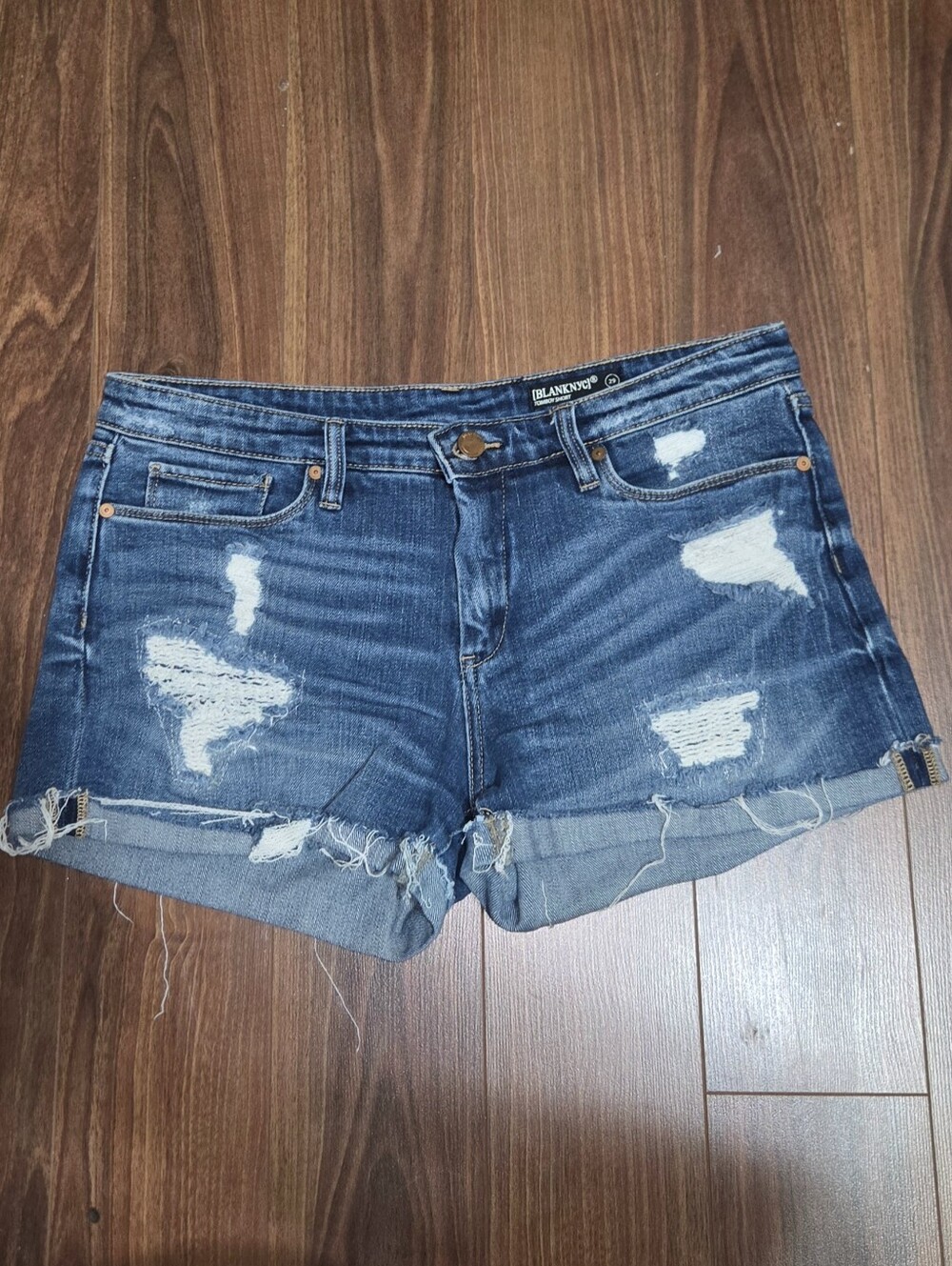Blank NYC Distressed Rolled Cuff Dark Blue Denim Shorts | Size 29